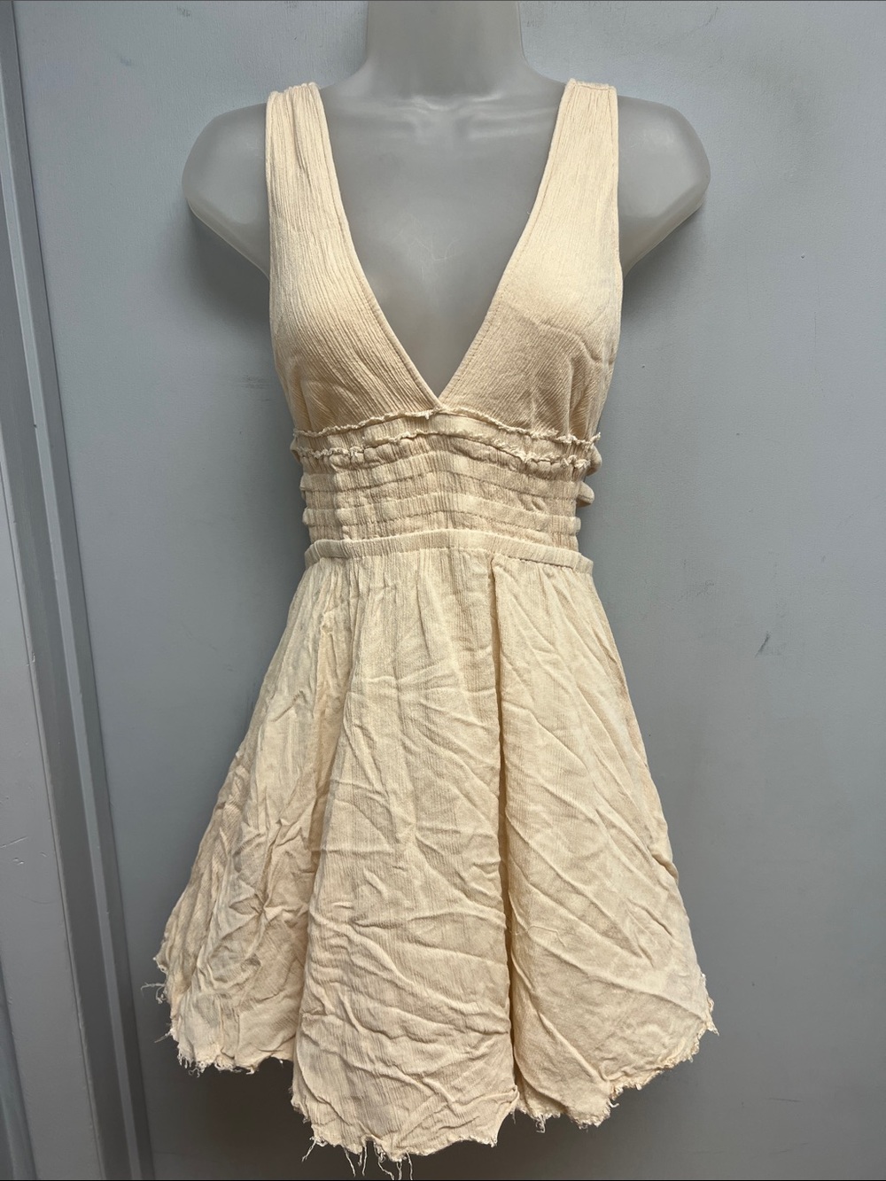 ILLA ILLA Cream Gauze Cutout Mini Dress Boho Smocked Waist Size Large